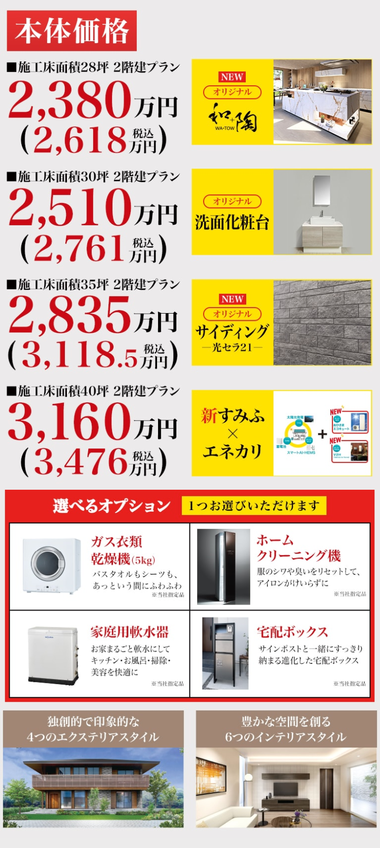 本体価格
■施工床面積28坪 2階建プラン
2,380万円
(2,618)
■施工床面積30坪 2階建プラン
NEW
オリジナル
WA-TOW
オリジナル
2,510万円 面化粧台
税込
(2,761 別)
■施工床面積 35坪 2階建プラン
2,835
万
万円
税込
(3,118.5 )
万円
■施工床面積40坪 2階建 プラン
3,160 万円
NEW
オリジナル
サイディング
一光セラ21-
×
新すみふ
NEW-
太陽光発電
NEW
(3,476 )
税込
エネカリ
スマートAI-HEMS
選べるオプション 1つお選びいただけます
ガス衣類
乾燥機 (5kg)
ホーム
クリーニング機
バスタオルもシーツも、
あっという間にふわふわ
服のシワや臭いをリセットして、
アイロンがけいらずに
※当社指定品
※当社指定品
家庭用軟水器
お家まるごと軟水にして
キッチン・お風呂・掃除・
美容を快適に
宅配ボックス
サインポストと一緒にすっきり
納まる進化した宅配ボックス
※当社指定品
※当社指定品
独創的で印象的な
豊かな空間を創る
4つのエクステリアスタイル
6つのインテリアスタイル